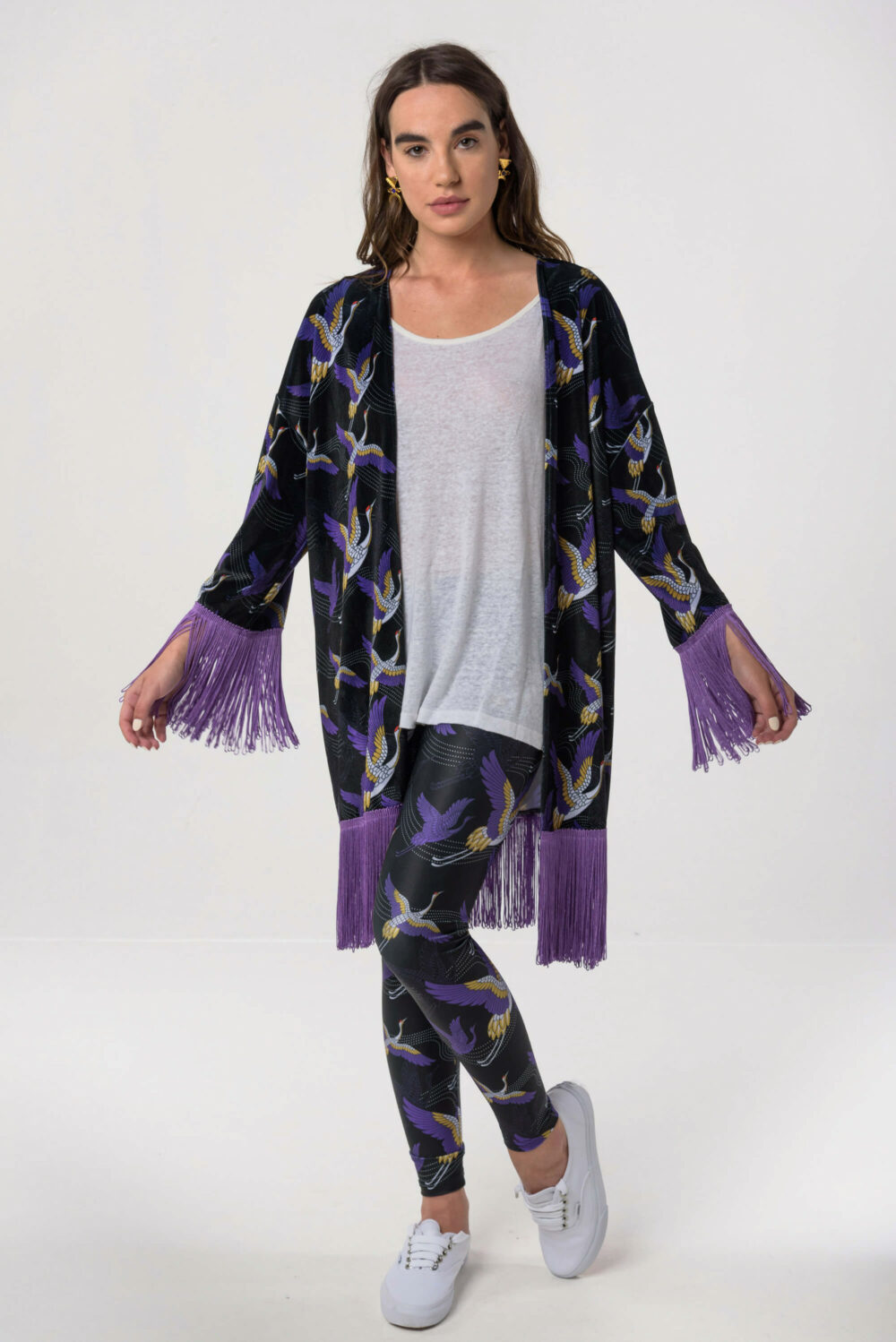 Heartbeatink Japanese Black N Purple Velvet Kimono Leggings